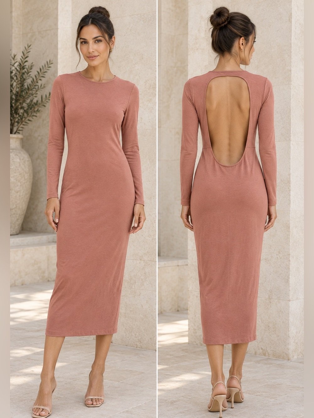 Zara Dark Blush/Mauve Backless Long-Sleeve Midi Dress